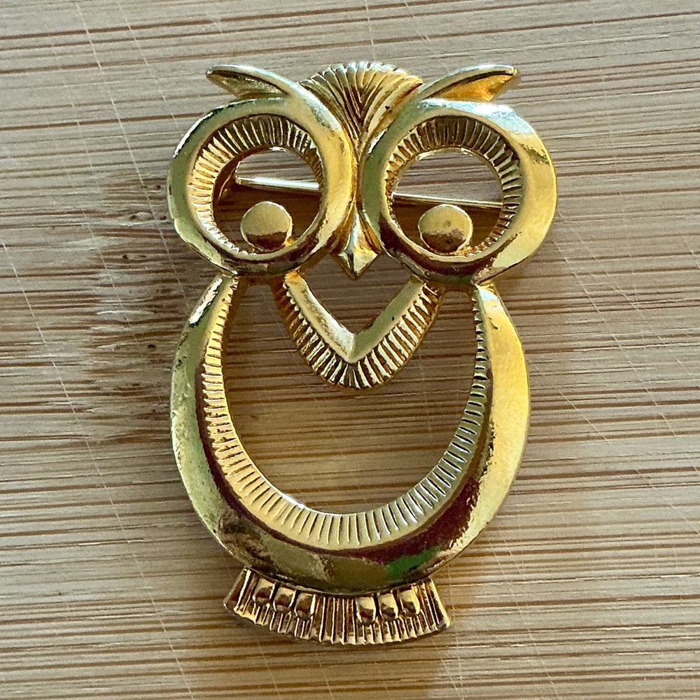 VTG Modernist Wise Owl Brooch Mid Century Abstract Bird Pin Open Work Gold Tone